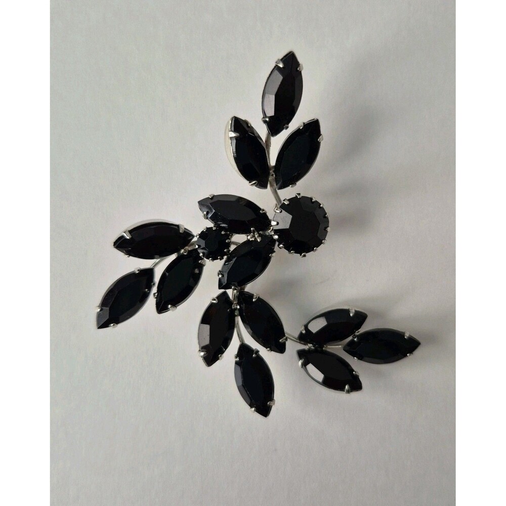 Vintage Black Rhinestone Leaf Brooch Pin Japanned Marquise Crystal Spray Cluster
